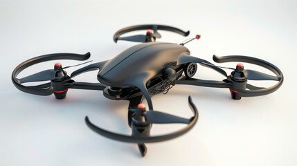 A sleek multimodal drone with flexible rotor arms and retractable wheels, isolated with sharp contrasts.