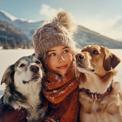 Young happy woman having fun in snowy winter park with dogs