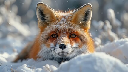 Obraz premium A curious fox peeking through a blanket of snow, its bright eyes and fluffy tail rendered with sharp, lifelike detail against the serene, white landscape