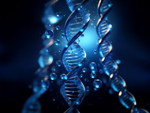 Glowing blue DNA strands helix in dark space, surrounded by floating translucent spheres.  Represents genetic code, life science, and molecular biology.