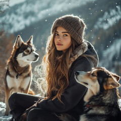 Young happy woman having fun in snowy winter park with dogs