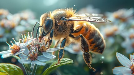 Fototapeta premium A detailed close-up of a honeybee pollinating a flower, showcasing the intricate interaction between flora and fauna, with pollen visibly adhering to the bee's legs.
