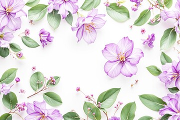 Purple flowers with green leaves arranged on a white background, showcasing intricate details and soft colors. Concept of floral elegance. Ai generative