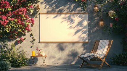 Billboard on grey wall with flowers chair and lemonade on summer table