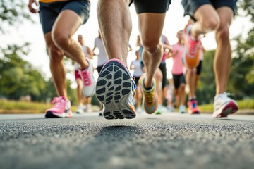 A close-up view of running shoes pounding the pavement during a group marathon event in a sunny outdoor setting, focusing on motion and energy. Ai generative