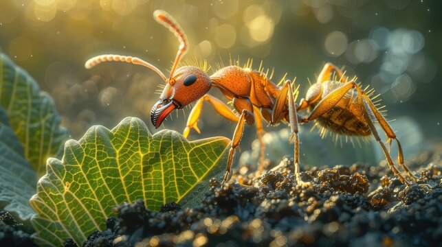 A detailed view of an ant carrying a leaf fragment, showcasing its strength and the intricate textures of both ant and leaf in a microcosmic landscape.