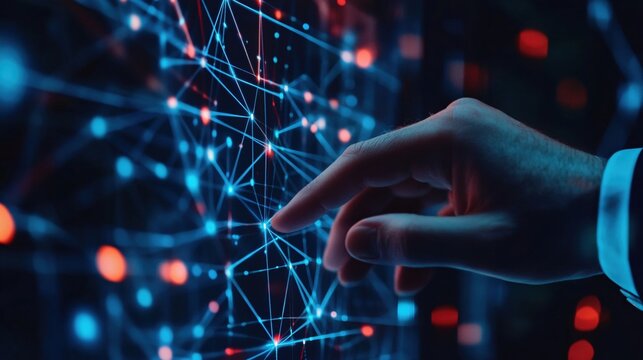 Human Touch on Digital Interface with Colorful Network Connections and Data Visuals