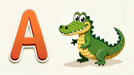 Children's alphabet, letter A with cartoon style alligator image