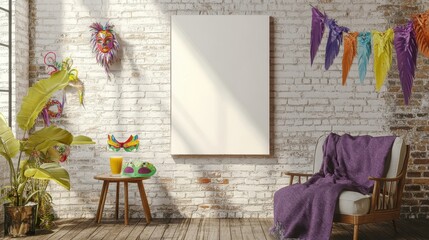 Feather masks and bright garlands frame a cozy Carnival mockup setup