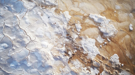 Fototapeta premium A wide aerial capture of Elton Lake's dry, cracked terrain, with glistening white salt deposits and subtle mineral gradients under a vast sky