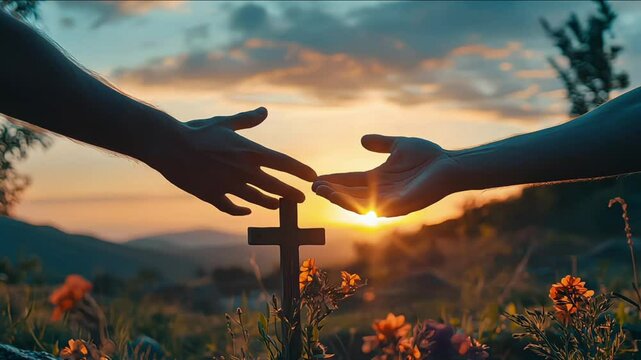 Man on earth reaching for the hand of God with cross in the background at sunset