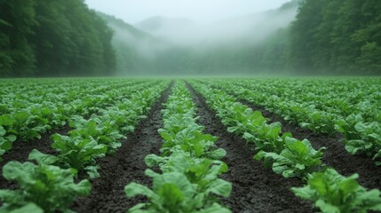 Vibrant Green Lettuce Rows Stretching Across a Misty Farm Landscape Surrounded by Lush Green Mountains and Enveloping Fog in a Serene Agricultural Setting