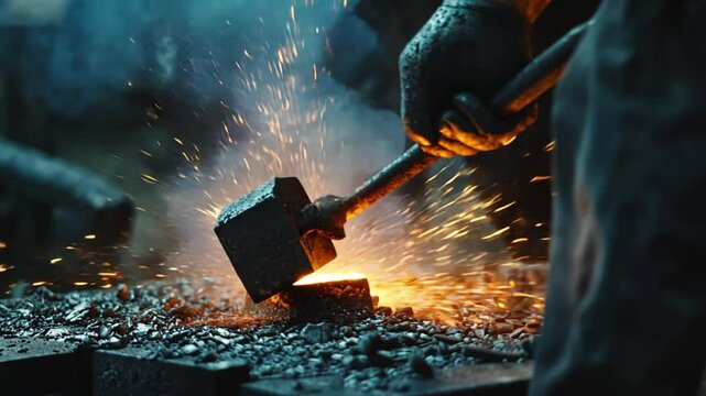 Forging metal, traditional workshop strike bright craftsman skill worker craftsmanship coal handmade manufacture burning background ironwork hit