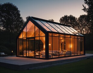 Fototapeta premium A modern glass house with a gabled roof is illuminated warmly from within at dusk. The structure features large glass panels, showcasing a cozy interior with sofas and a fire pit. Ai generated images