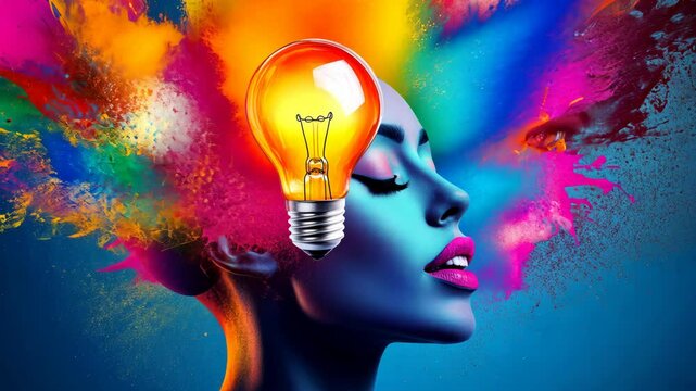 Woman's face is surrounded by a colorful explosion of paint, with a light bulb in the center. Concept of creativity and inspiration, as the woman's face is illuminated by the light bulb