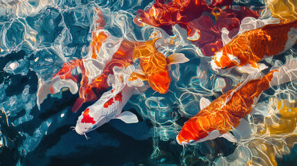 Aerial view of vibrant koi fish swimming gracefully in a clear pond, their colorful scales reflecting the sunlight against a backdrop of water ripples.