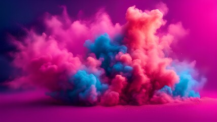 The colorful dust of pink neon powder explodes in a dynamic cloud, with a glowing frame surrounding the scene, creating a dazzling display of color against the cool blue backdrop.