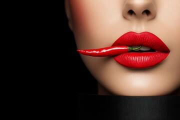 Fototapeta premium Vibrant red lips hold a fresh chili pepper in a striking contrast against a dark background