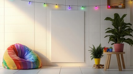 Tile wall billboard with rainbow fairy lights and cozy pride decor