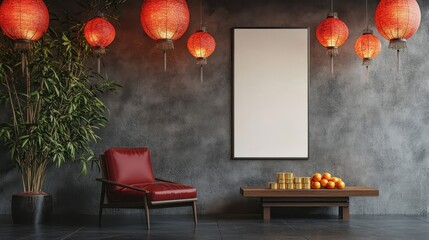 Chinese festive decor on grey cement wall with warm bright light