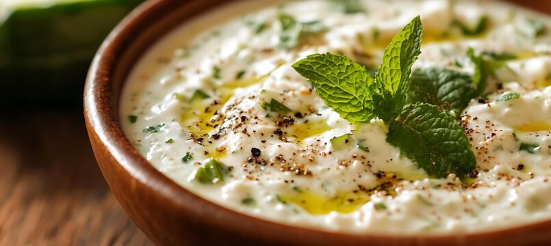  A close-up of a bowl of cucumber mint raita, garnished with a sprinkle of cumin and fresh mint leaves