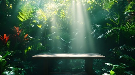 Naklejka premium A rustic table surrounded by tall tropical plants and lush ferns, vibrant green tones dominating the scene, sunlight streaming through gaps in the foliage, peaceful and inviting tropical retreat,