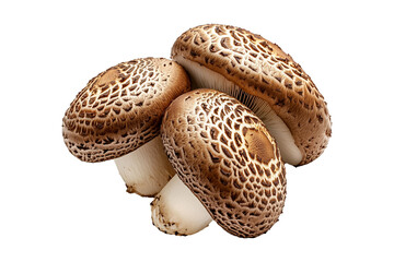Closeup of Shiitake mushroom showing its textured cap and stem isolated on a white background. Concept of fungi and nature