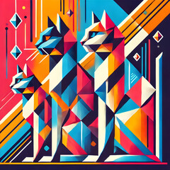 Abstract geometric cats in a vibrant backdrop, contemporary aesthetic with bold colors and sharp lines
