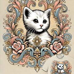 Obraz premium Playful kitten design in Renaissance style, elegant aesthetic with floral motifs and pastel colors for t-shirt 