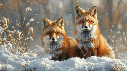 Fototapeta premium A pair of red foxes in a snowy landscape, their bright fur contrasting with the white surroundings, their alert expressions captured vividly.