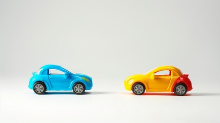 Two brightly colored plastic toy cars, isolated on a clean white backdrop.