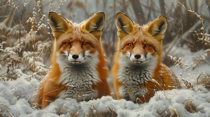 Obraz premium A pair of red foxes in a snowy landscape, their bright fur contrasting with the white surroundings, their alert expressions captured vividly.