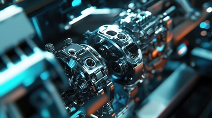 Fototapeta premium Close-Up of Industrial Robot Assembling Metal Parts in Factory Setting