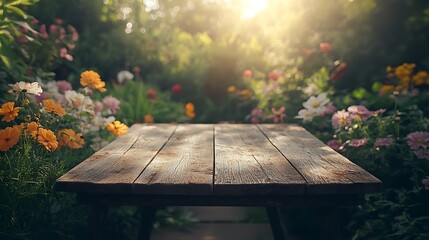 Fototapeta premium A rustic wooden table in an outdoor garden, surrounded by lush greenery and bursts of colorful flowers, soft sunlight creating a peaceful and charming setting, hd quality, cinematic composition.
