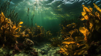 Obraz premium An underwater exploration of the Atlantic seabed, featuring algae-covered rocks illuminated by natural light in the pristine waters of Galicia.