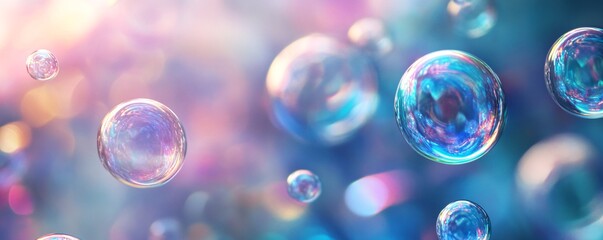 Rainbow soap bubbles floating on a colorful pastel background