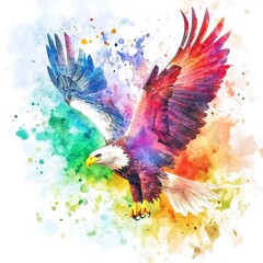 Obraz premium A vibrant watercolor painting of a bald eagle in flight, surrounded by a colorful splash of abstract paint.