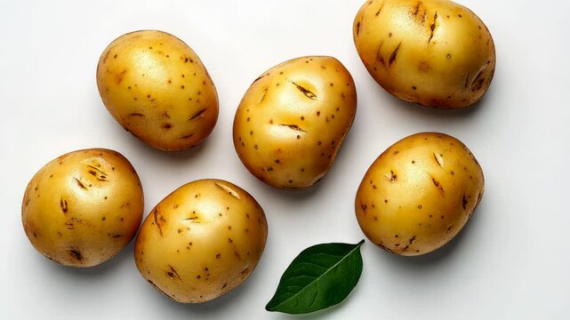 Bunch of potatoes with a leaf on top. The leaf is green and the potatoes are yellow