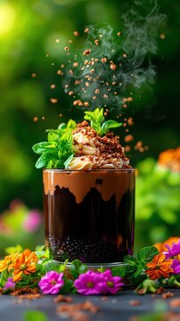Vietnamese sua chua nep cam, black sticky rice yogurt dessert in a glass jar, Southeast Asian dessert, modern yet authentic