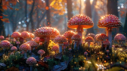 A scene depicting a variety of mushrooms in a forest, each unique in shape and color, highlighted in the soft underbrush light.