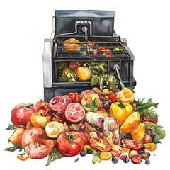 Watercolor illustration of a food waste disposer overflowing with colorful vegetables and fruits.