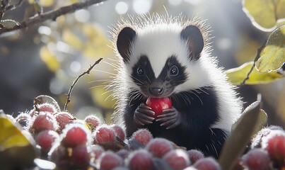 Fototapeta premium Adorable baby hog badger eating a red berry amidst frosted red berries on a branch.