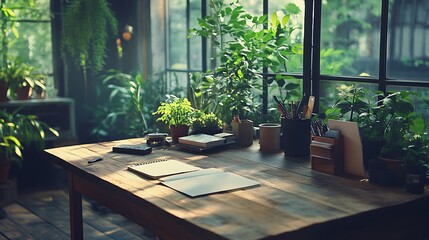 A rustic wooden table set as a workspace in a lush green environment, surrounded by leafy plants and natural light, with minimal office supplies placed neatly on top, peaceful and refreshing vibe,