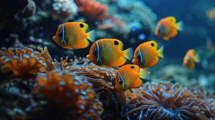 Obraz premium A school of tropical fish swimming gracefully around a coral reef, the water's clarity allowing every vivid color and delicate movement to be observed in stunning detail.