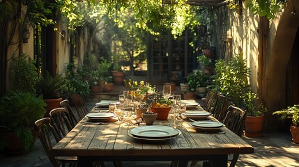 A rustic wooden table set elegantly for dinner, surrounded by cascading potted plants in a lush garden, dappled sunlight creating patterns on the surface, tranquil and lush dining space, hd quality,