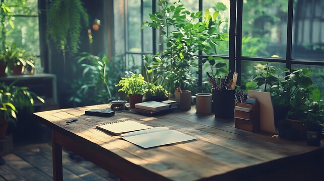 A rustic wooden table set as a workspace in a lush green environment, surrounded by leafy plants and natural light, with minimal office supplies placed neatly on top, peaceful and refreshing vibe,