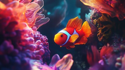 A close-up of a bright orange clownfish nestled in a sea anemone, surrounded by vibrant coral