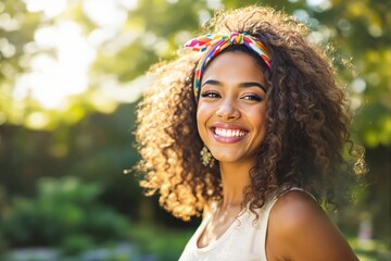 Smiling woman with voluminous curly hair, wearing a vibrant headband, standing in sunlight in a garden setting. Bright, cheerful concept. Ai generative