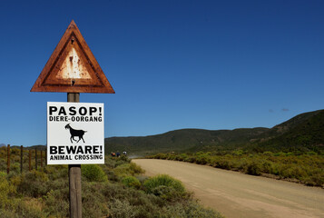 A road sign warning of animals crossing a gravel road with unregocnisable hikers disappearing in the distance