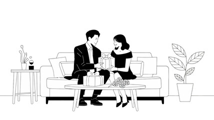 A couple exchanging gifts in a minimalist living room, both smiling warmly, with wrapped presents and roses on the coffee table.